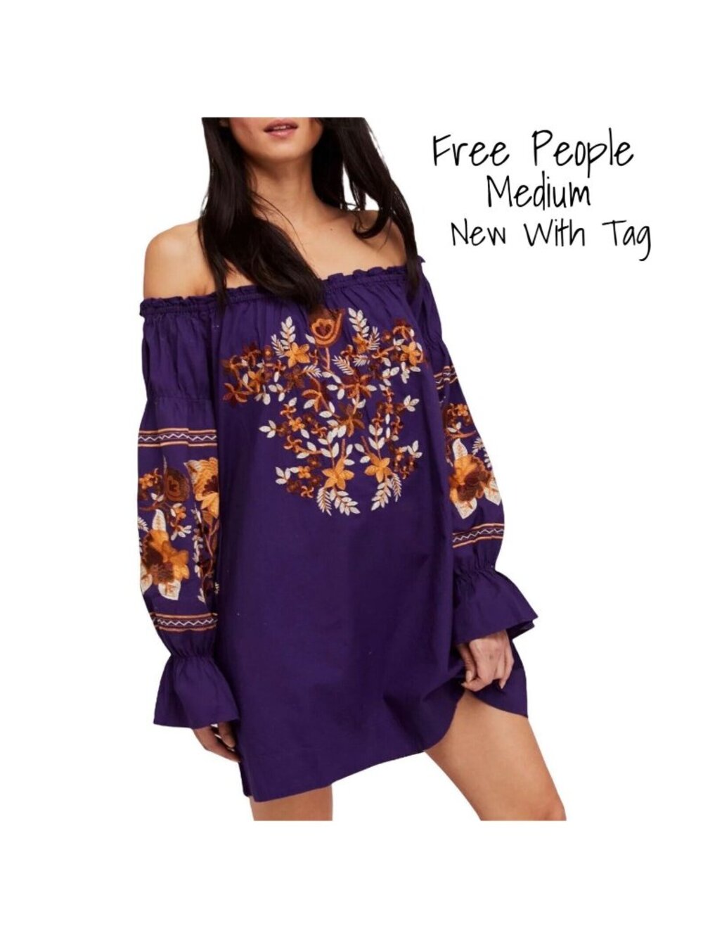 Free People Purple Embroidered Mini Dress - Off-The-Shoulder, Medium, New